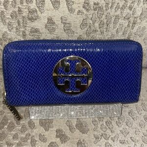 Tory Burch Emerson Blue snake print leather long zip around continental wallet